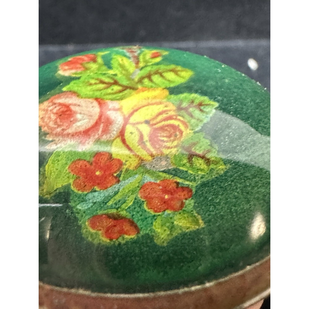 Vintage Hand Painted Floral Glass Brooch Green Domed Rose Pin MCM Antique - Picture 8 of 12
